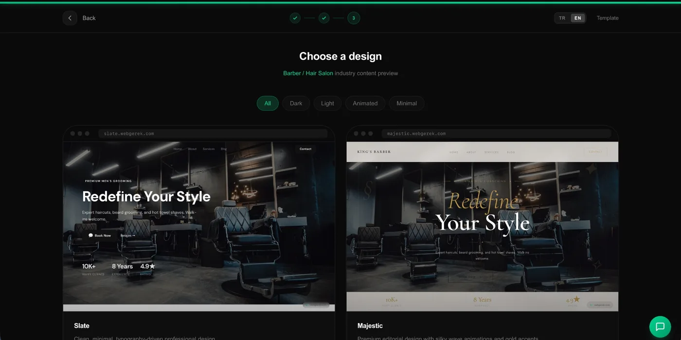 Web Gerek şablon seçim ekranı — Slate ve Majestic tasarımları